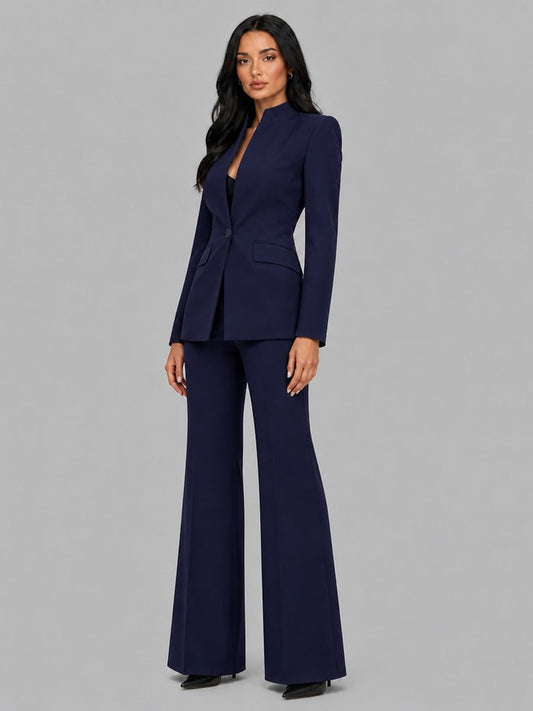 Faustina | Conjunto de Dos Piezas con Blazer sin Solapas y Pantalón Acampanado