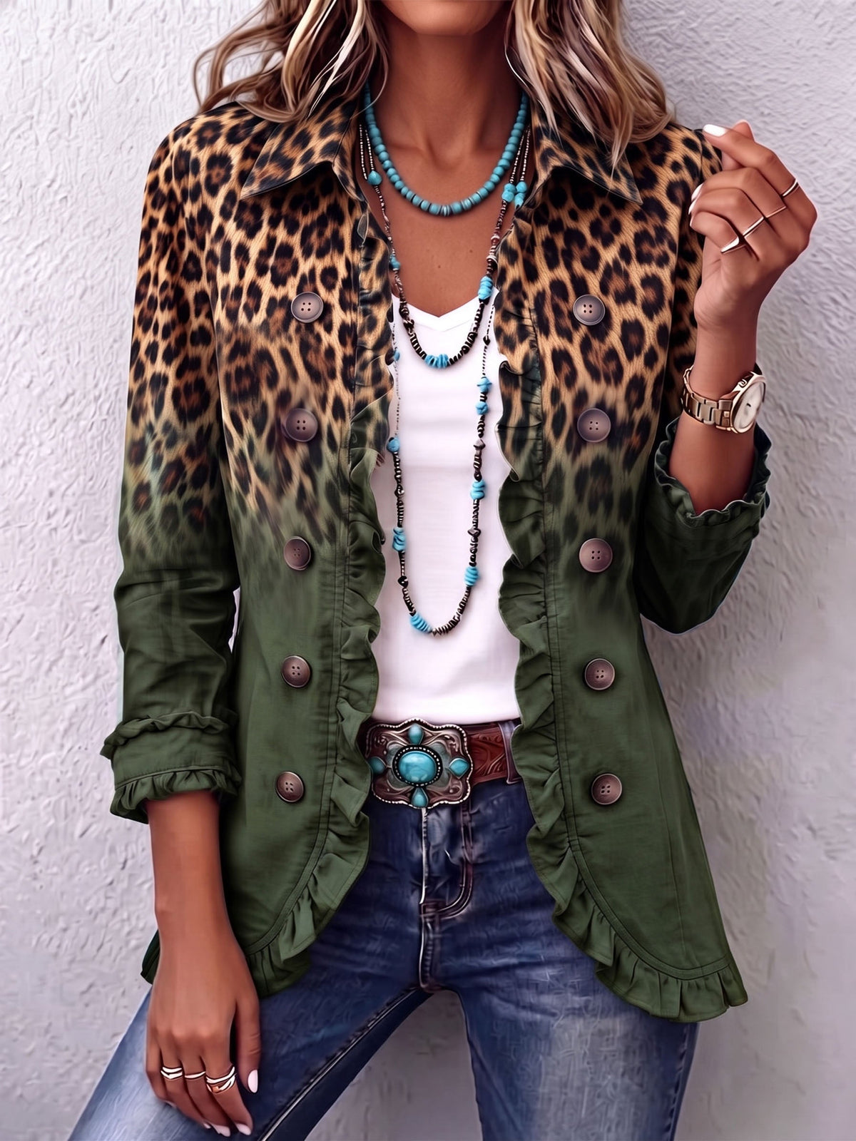 Ramona | Chaqueta de Leopardo Verde con Volantes
