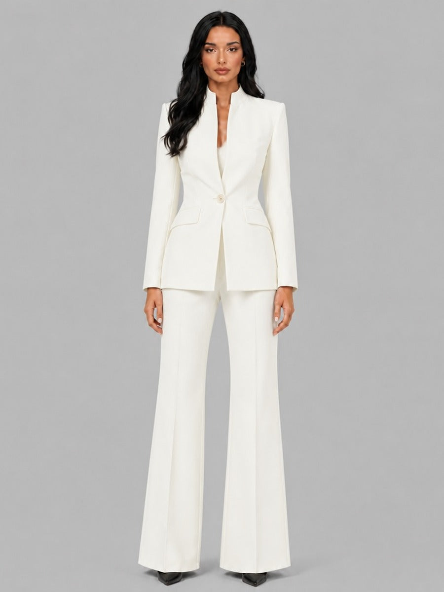 Faustina | Conjunto de Dos Piezas con Blazer sin Solapas y Pantalón Acampanado