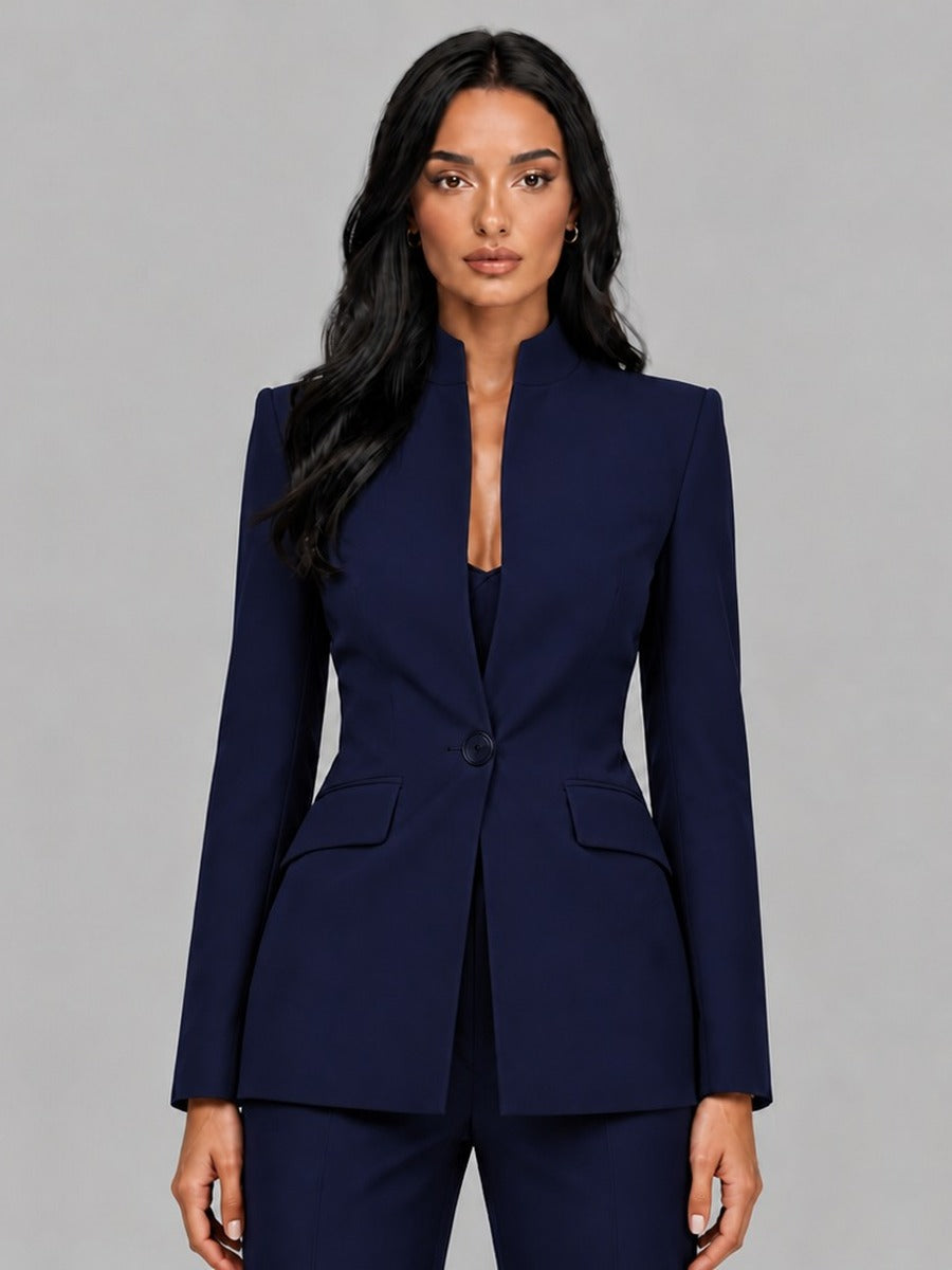 Faustina | Conjunto de Dos Piezas con Blazer sin Solapas y Pantalón Acampanado