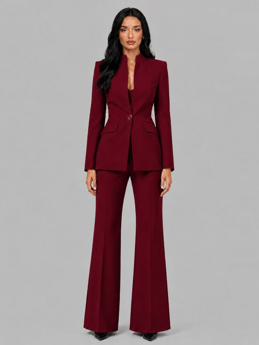 Faustina | Conjunto de Dos Piezas con Blazer sin Solapas y Pantalón Acampanado