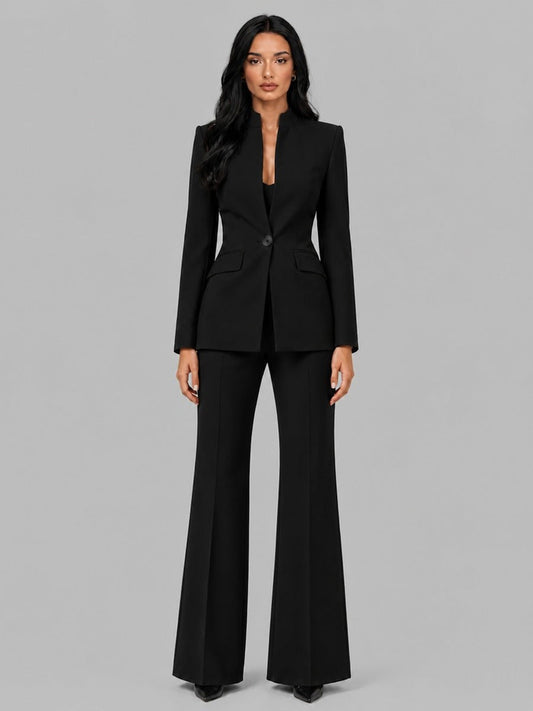 Faustina | Conjunto de Dos Piezas con Blazer sin Solapas y Pantalón Acampanado
