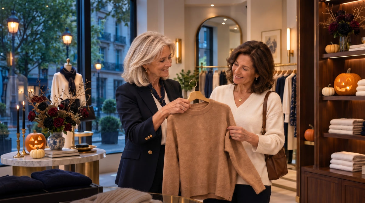 Dos mujeres eligiendo un jersey camel en una boutique decorada para Halloween