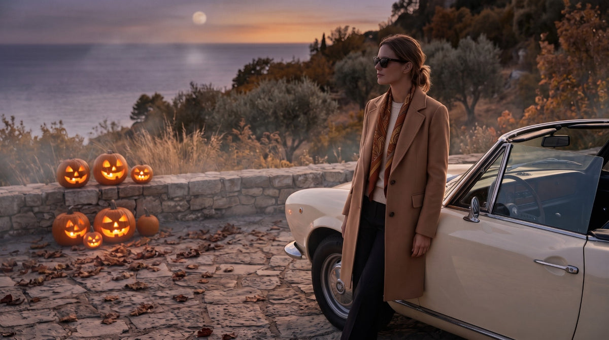 Mujer con abrigo camel junto a un descapotable clásico con calabazas de Halloween al atardecer