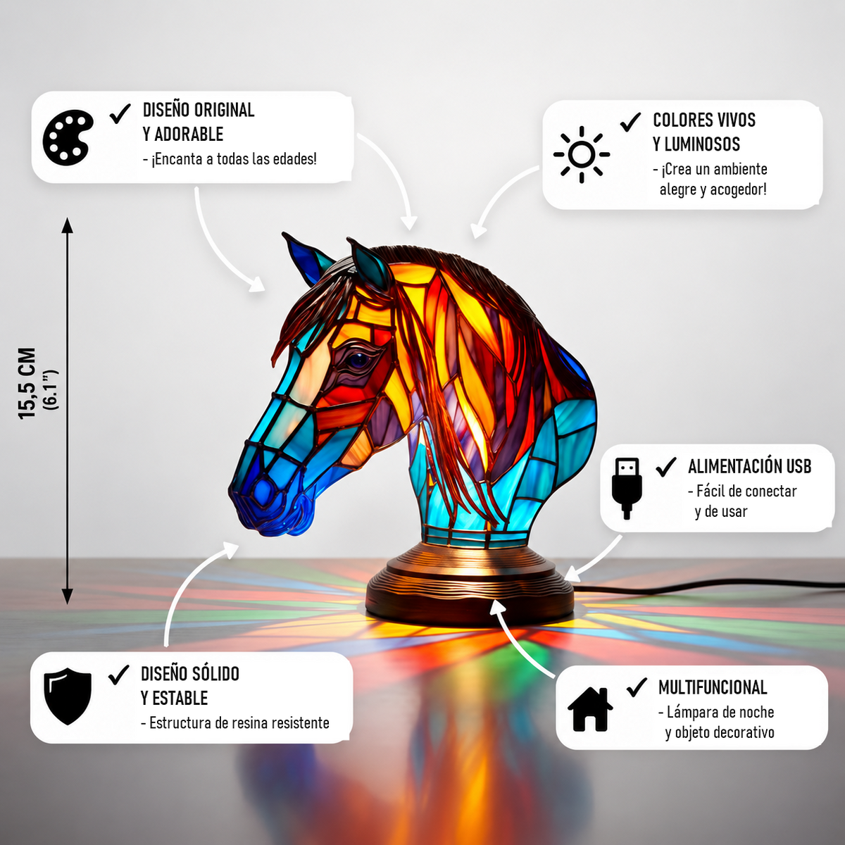 Lámpara caballo efecto vidriera - características