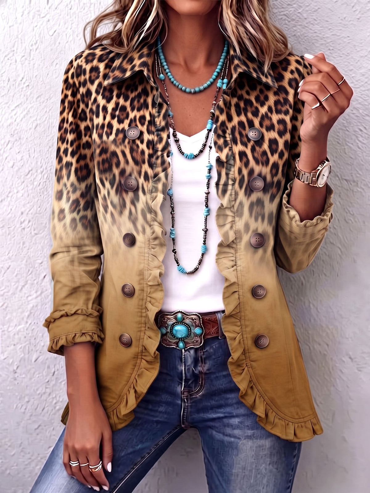 Reyes | Blazer de Leopardo Ocre con Volantes