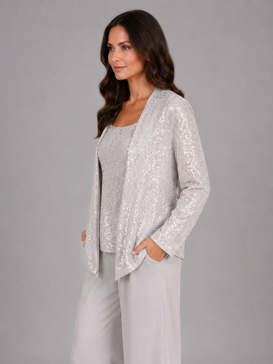 Zelinda | Conjunto de Tres Piezas con Chaqueta Abierta de Lentejuelas, Top y Pantalón Ancho