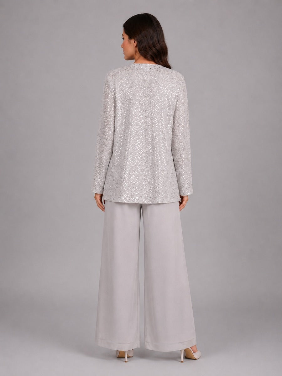 Zelinda | Conjunto de Tres Piezas con Chaqueta Abierta de Lentejuelas, Top y Pantalón Ancho