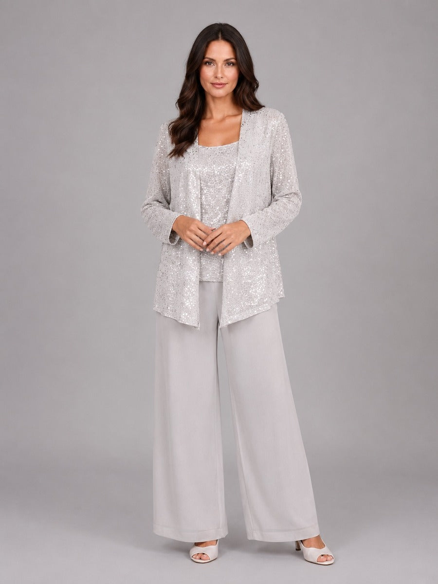 Zelinda | Conjunto de Tres Piezas con Chaqueta Abierta de Lentejuelas, Top y Pantalón Ancho