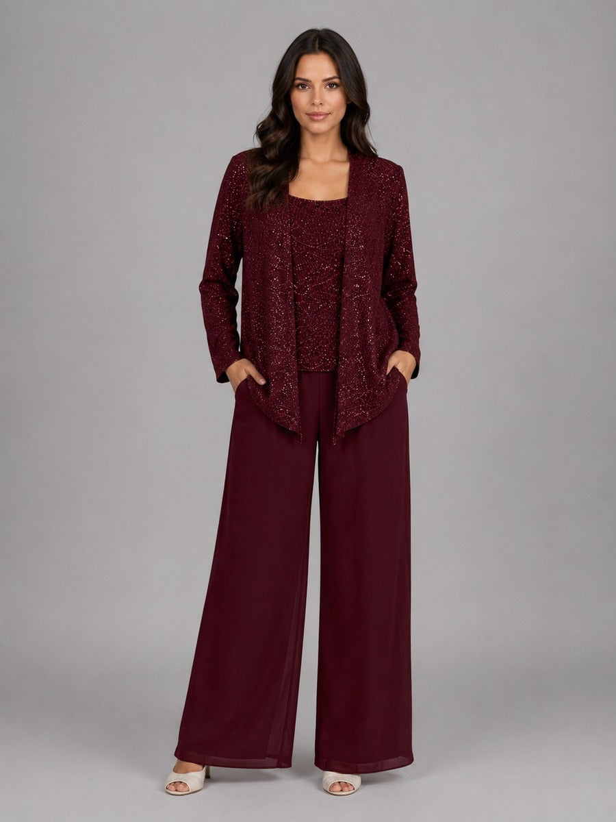 Zelinda | Conjunto de Tres Piezas con Chaqueta Abierta de Lentejuelas, Top y Pantalón Ancho