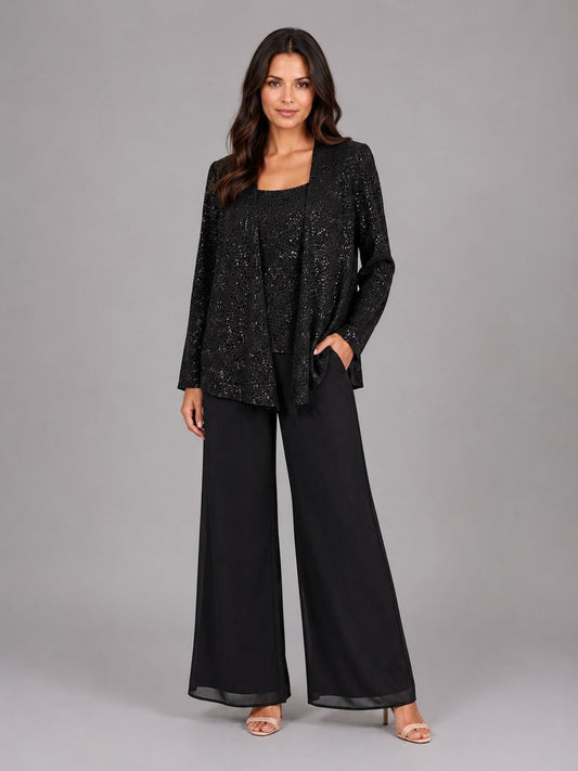 Zelinda | Conjunto de Tres Piezas con Chaqueta Abierta de Lentejuelas, Top y Pantalón Ancho