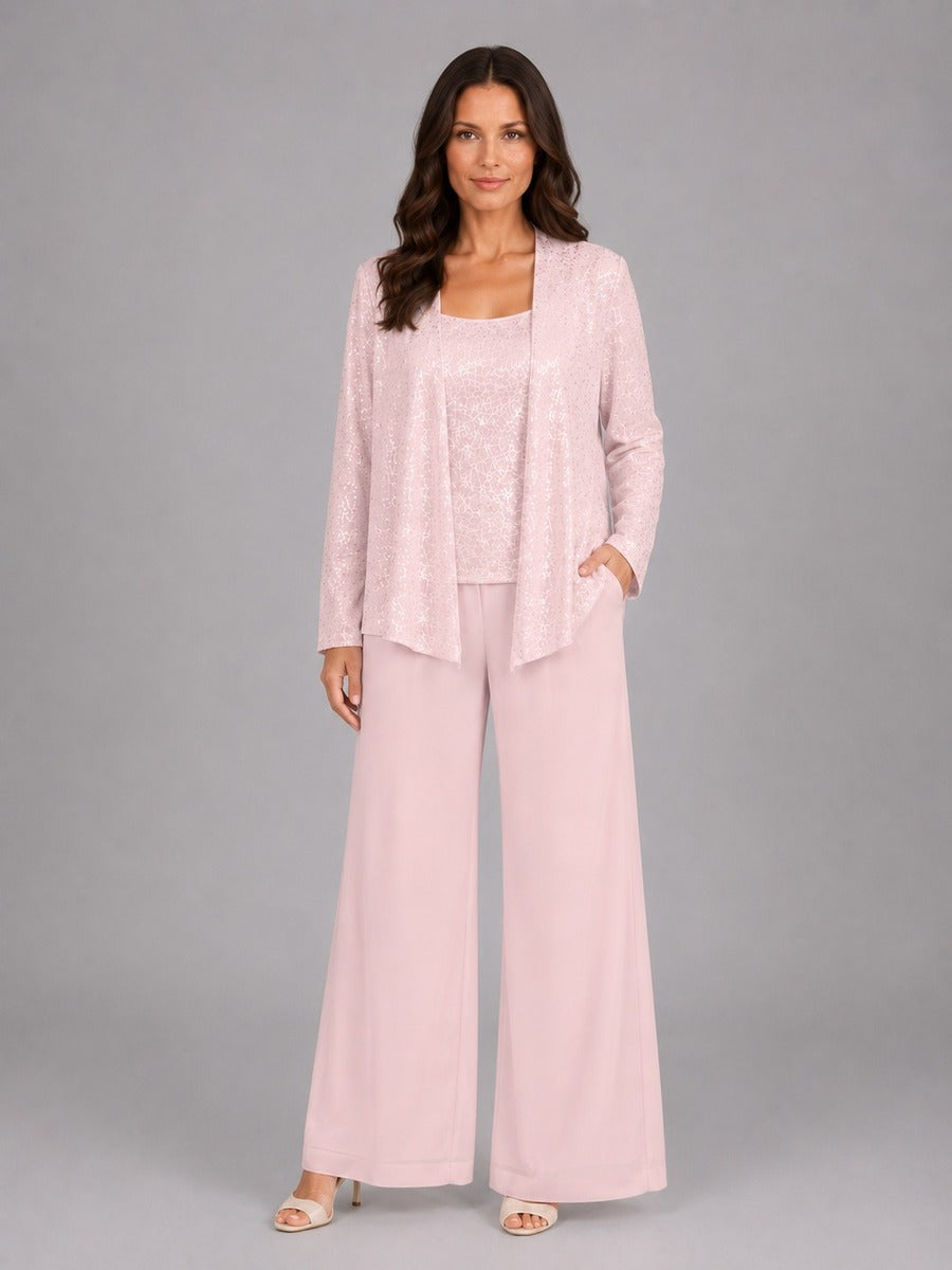 Zelinda | Conjunto de Tres Piezas con Chaqueta Abierta de Lentejuelas, Top y Pantalón Ancho