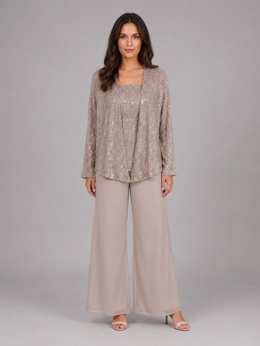 Zelinda | Conjunto de Tres Piezas con Chaqueta Abierta de Lentejuelas, Top y Pantalón Ancho